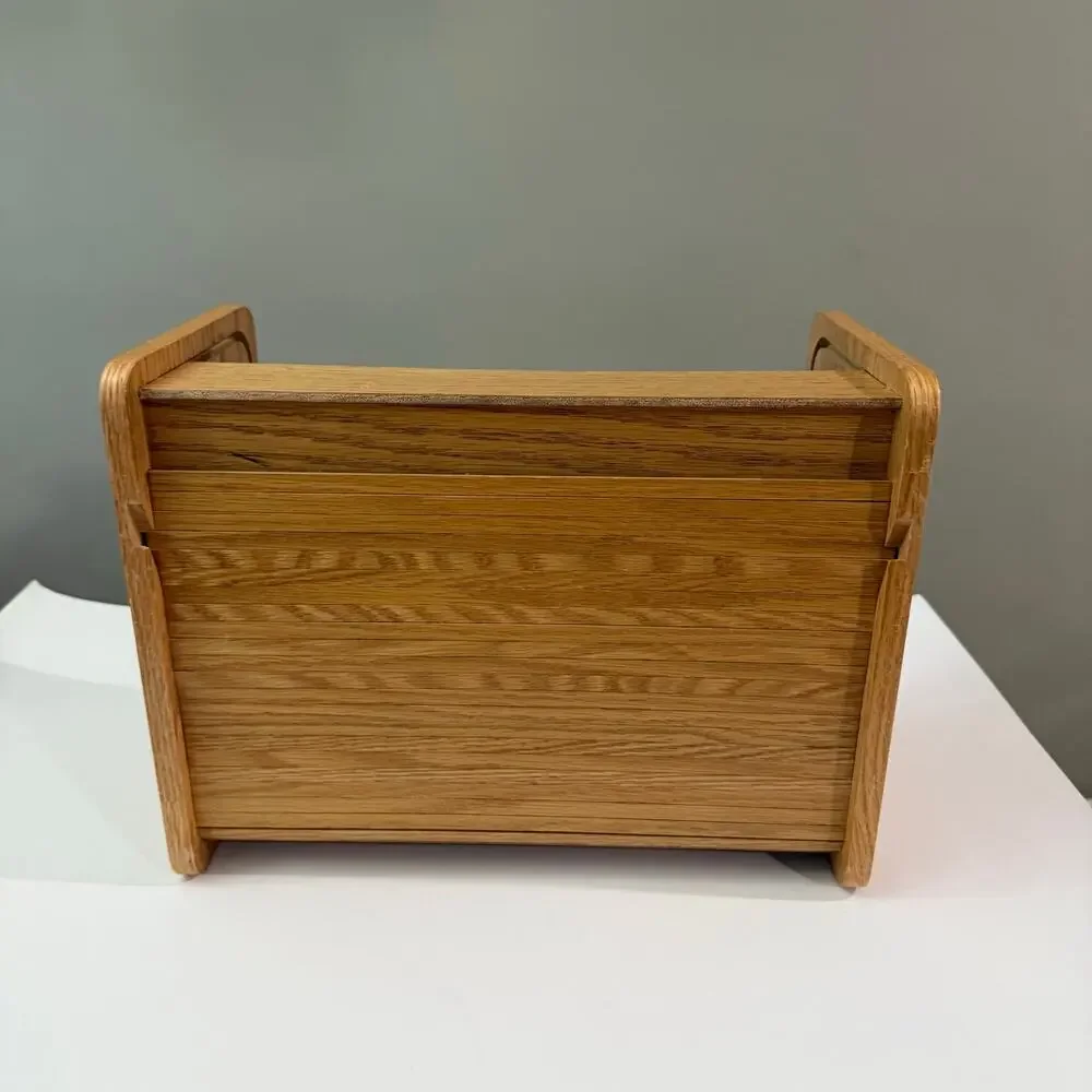 Wood Box Roll Top Tambour Door 14 x 9 x 6 Organize Cubby Sliding Oak Storage